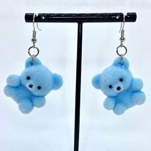 Fuzzy blue teddy bear earrings